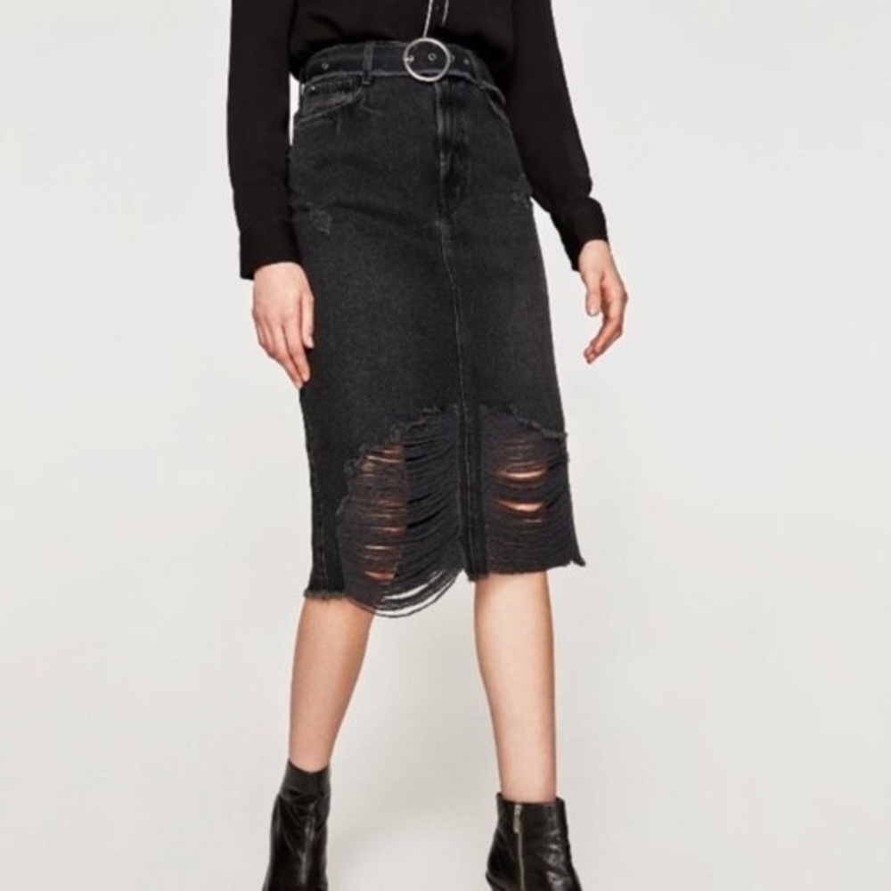 Zara Black Distressed Midi Skirt